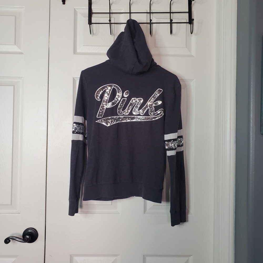 PINK Victoria's Secret Gray Hoodie Zip Up Sparkly Logo & Arms Detail Y2K Sexy Sm